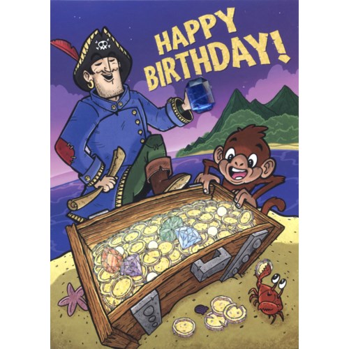 PIRATE WITH JEWEL TREASURE CHEST BIRTHDAY CARD